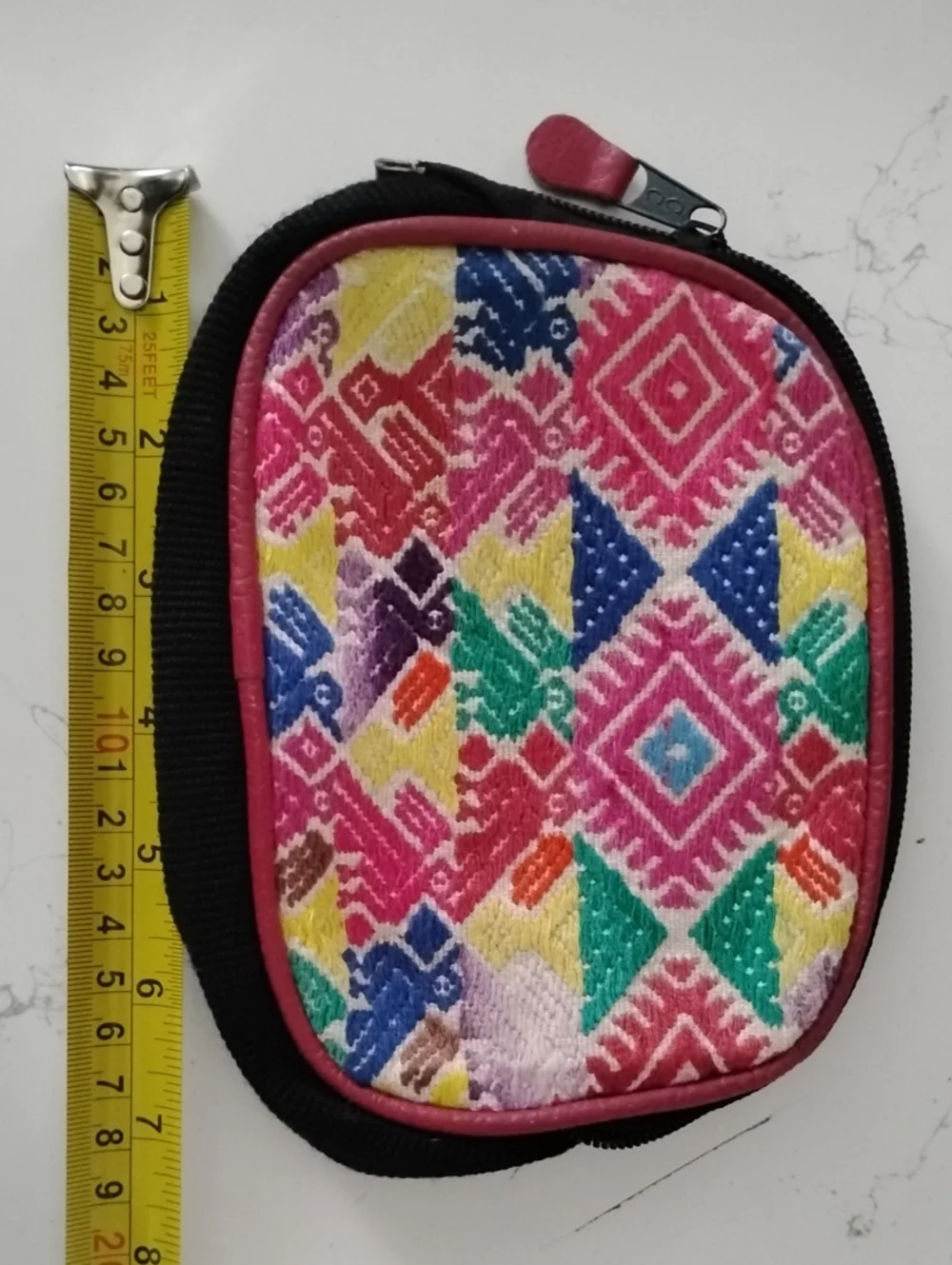 Colorful Geometric Embroidered Coin Pouch - Pink Multicolor